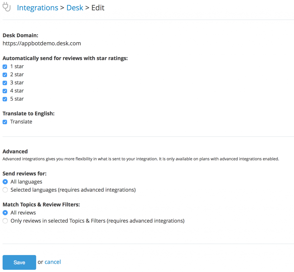 Sending Ios Google Play Reviews To Desk Com Appbot Support Setup Which Reviews To Send