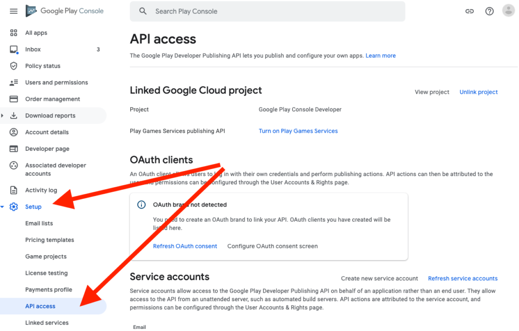 Google Play API access tab screenshot