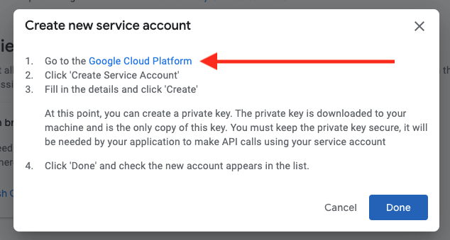 create new service account popup screenshot