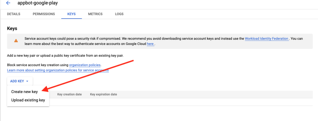 create a new key screenshot