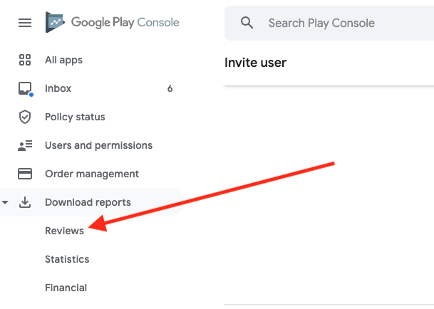 Google Play Console 'reviews' location screenshot