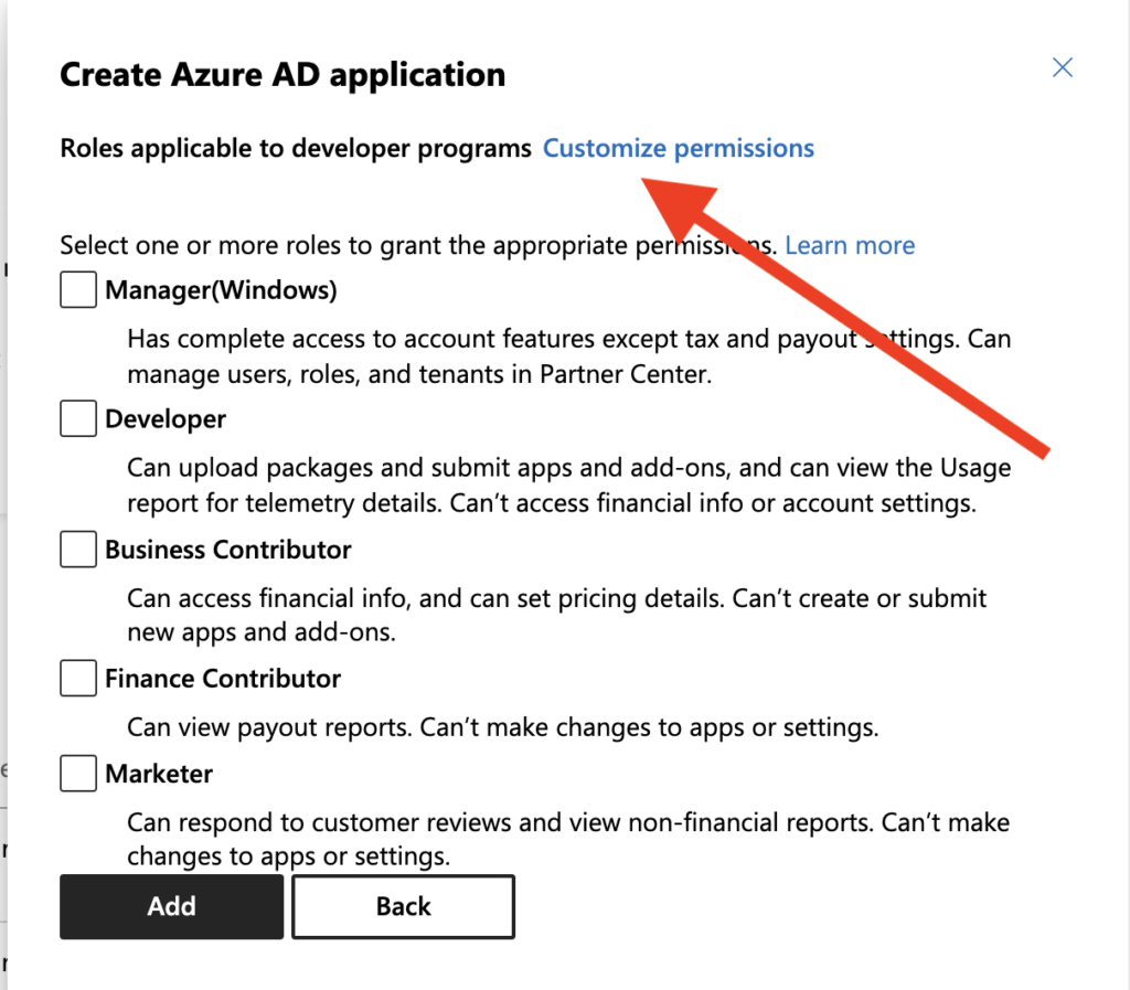 Azure AD permissions screenshot