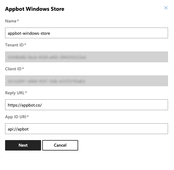 Azure AD application information example