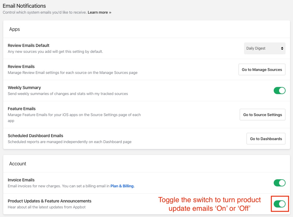 product updates and feature announcement toggle on/off screenshot