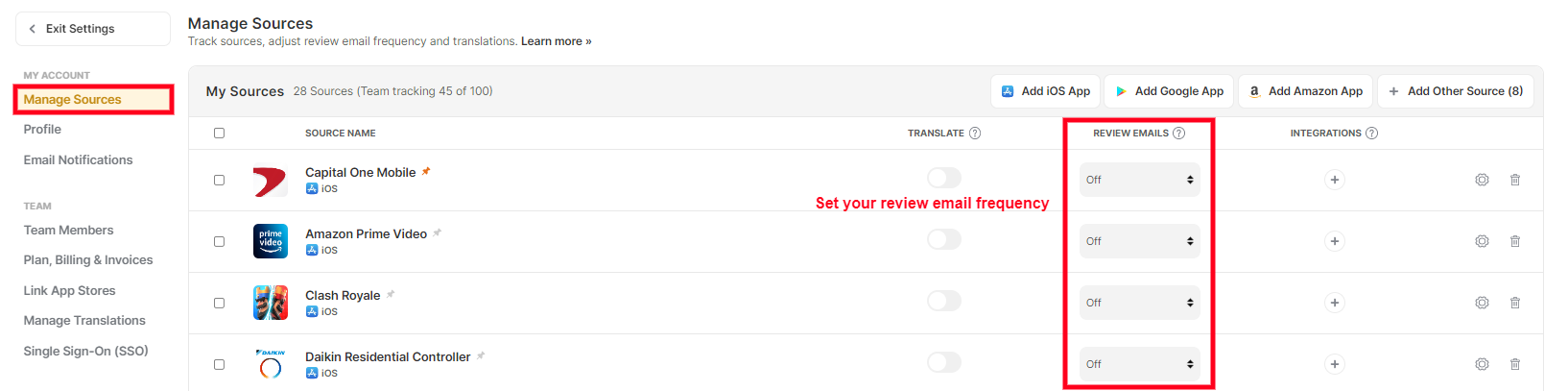 how to set review email frequency screenshot