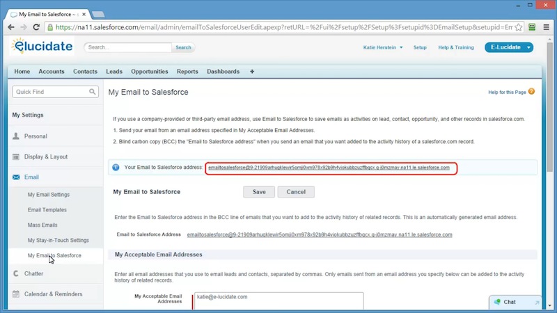 salesforce email settings screenshot