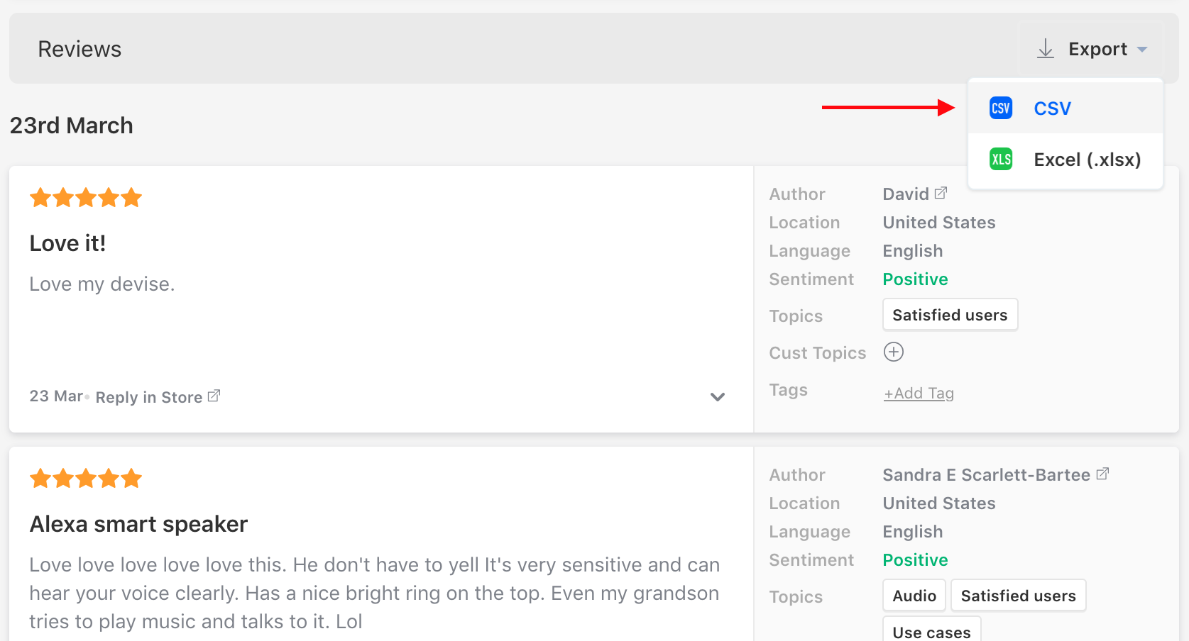 export amazon reviews to .csv or .excel screenshot