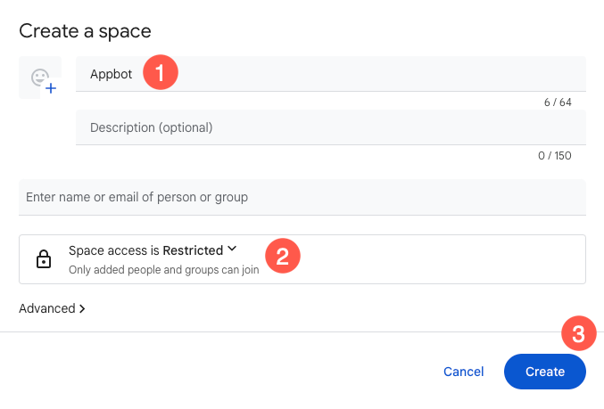 Google Chat create space name screenshot