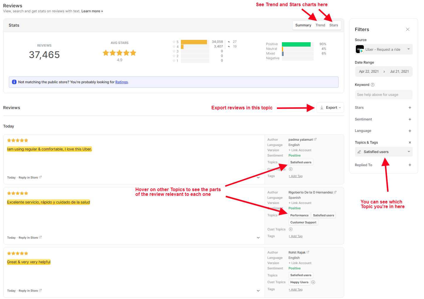 example of reviews matching topic screenshot