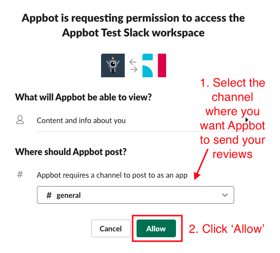 slack and appbot permissions screenshot