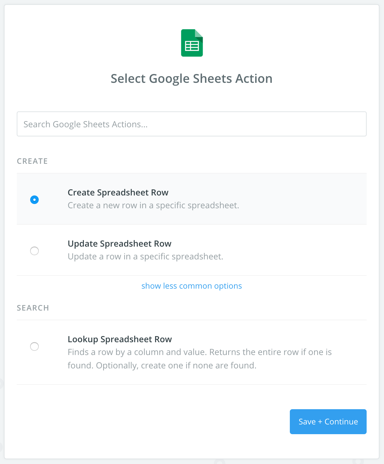 select google sheets action screenshot