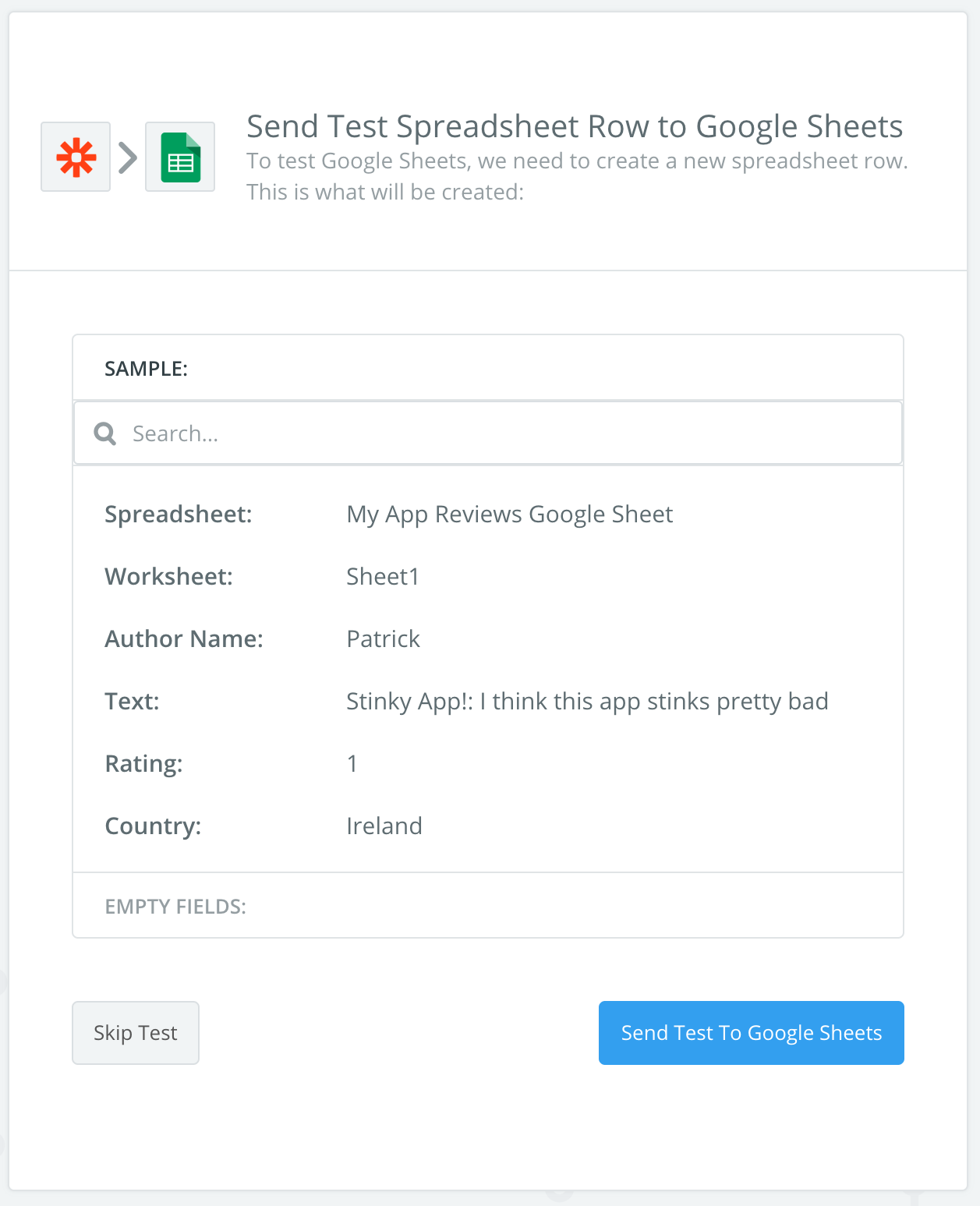 sent test to google sheets screenshot
