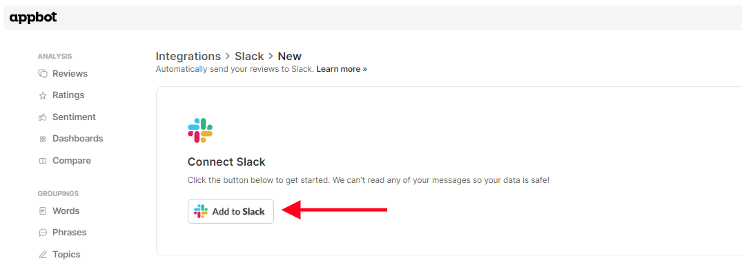 how to connect slack and appbot screenshot