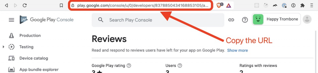 Google Play Console App URL