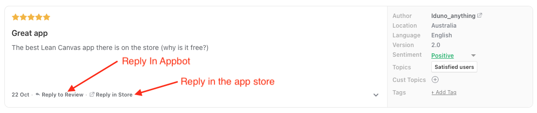 'reply in appbot' or 'reply in app store' location screenshot