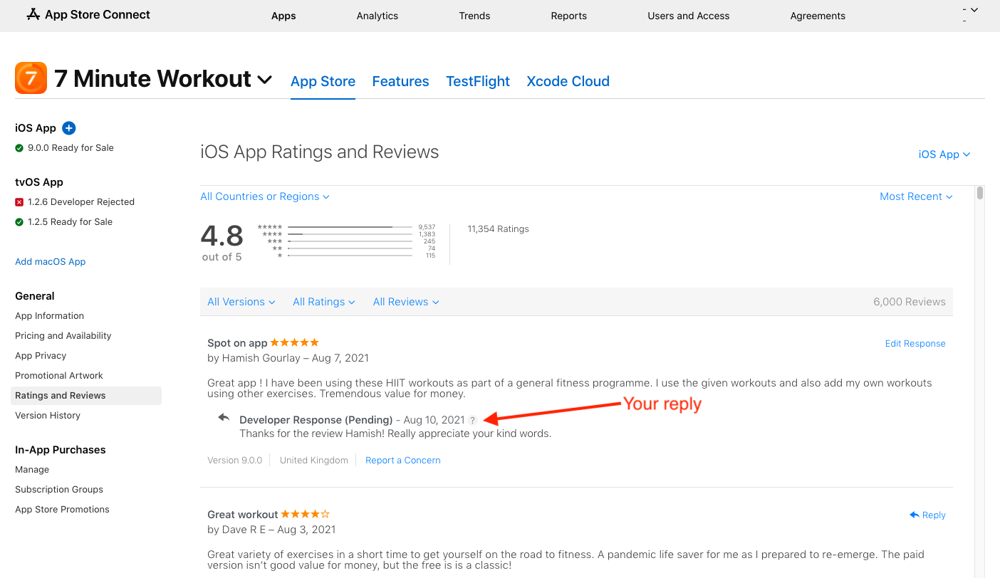 reply shown in app store reviews example