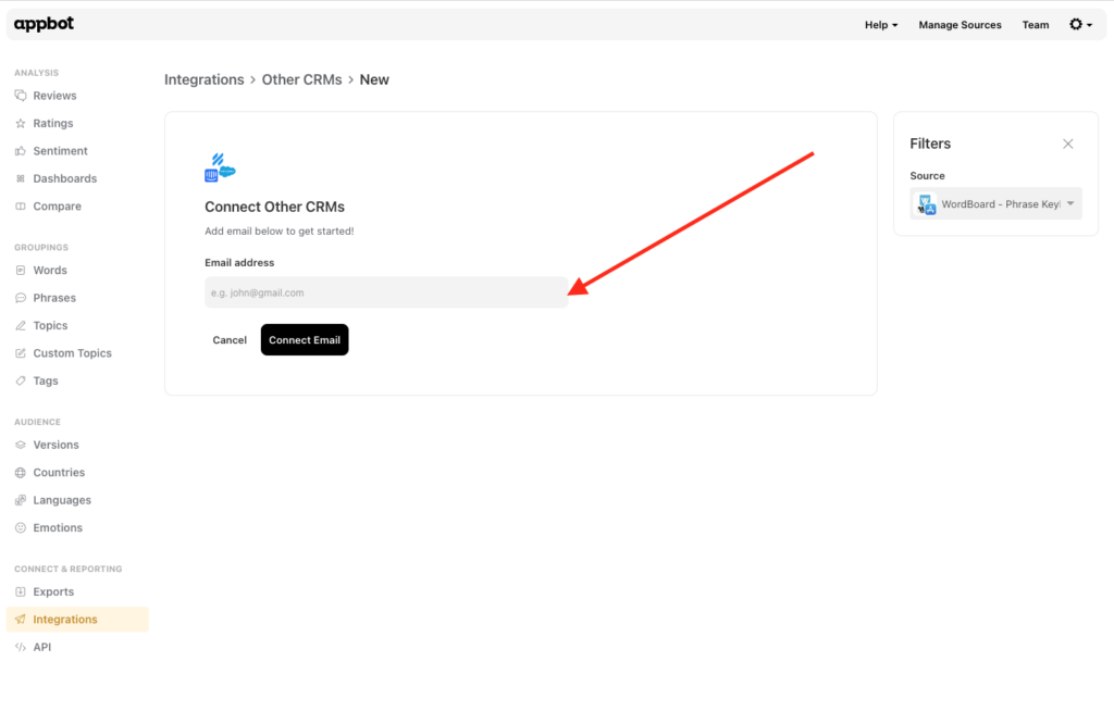 Screenshot add email for Other CRM reply integration