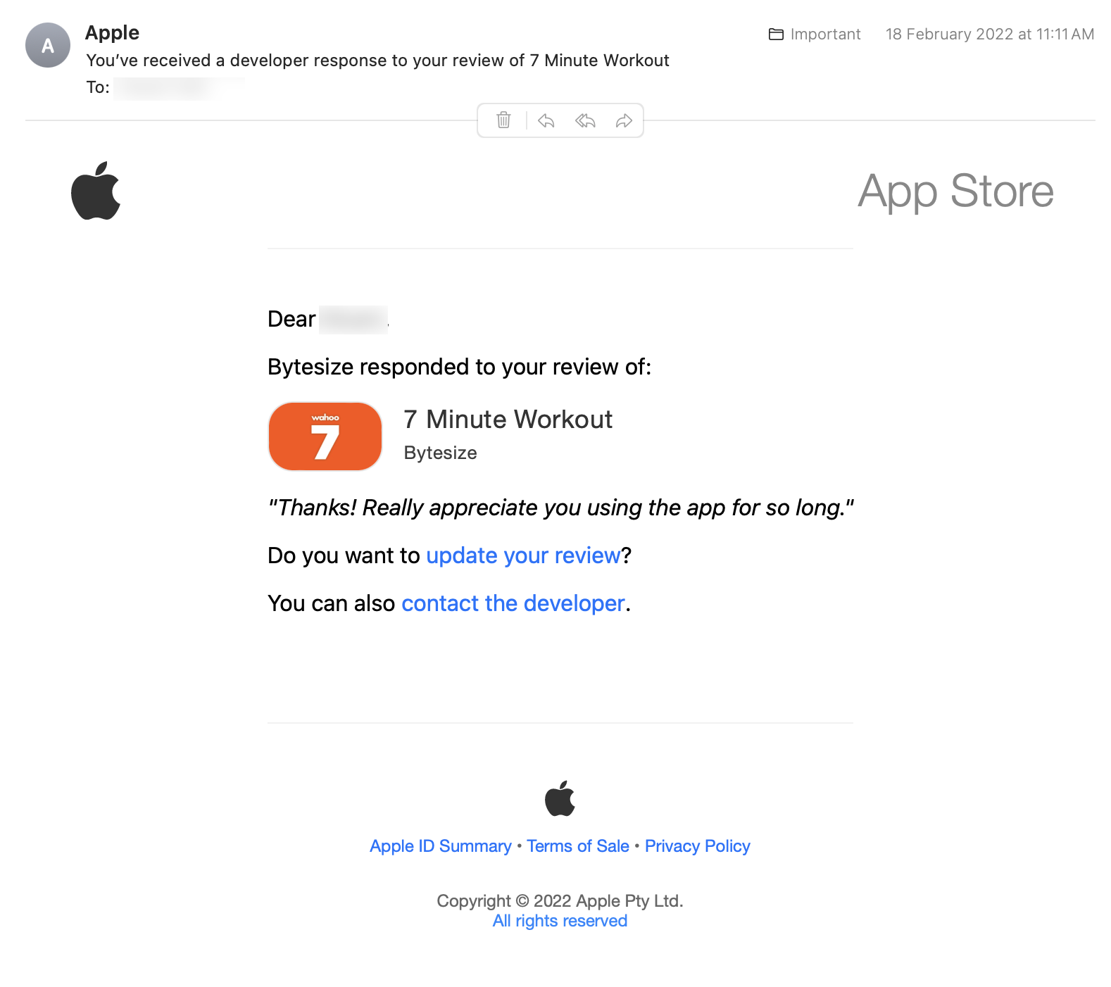 Example of email notification from the Apple app store notifying a user of a review reply