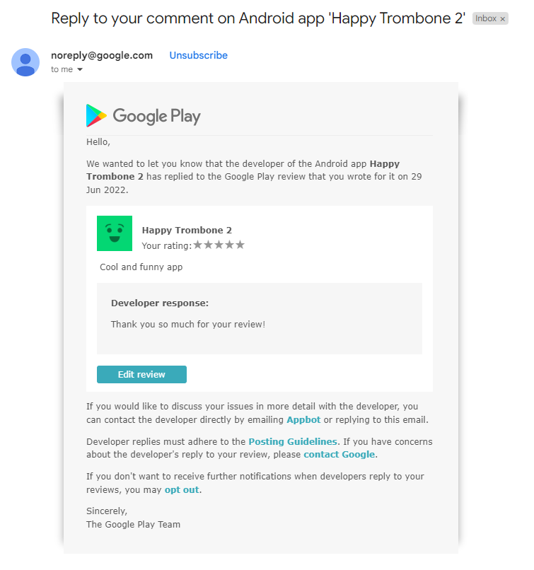 Example email notification from the Google Play store notifying a user of an reply to an app review