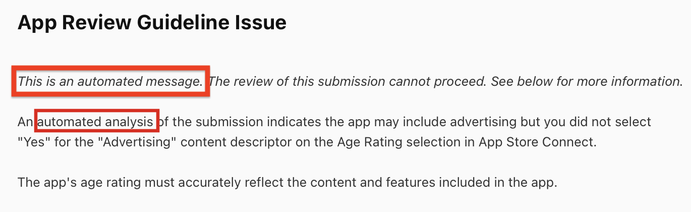 Screenshot of an automated App Store approval email