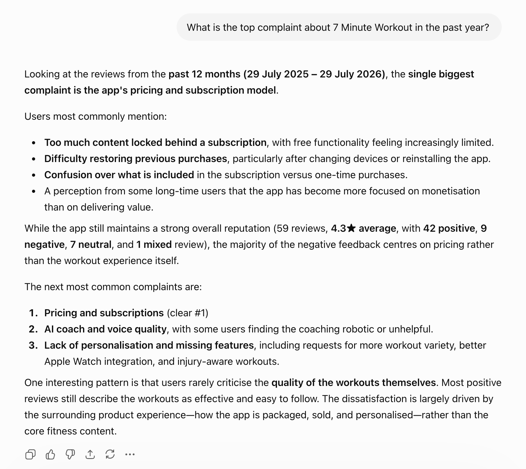 An AI assistant using Appbot MCP to answer "What is the top complaint about 7 Minute Workout in the past year?", summarising pricing and subscription complaints from the past 12 months of reviews