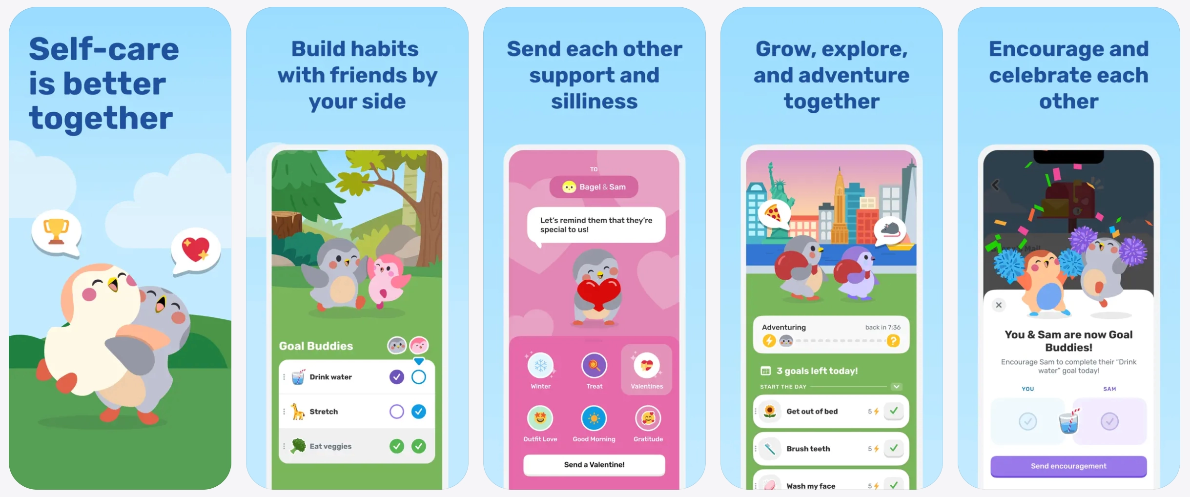 Finch App Store screenshots: self-care is better together, build habits with friends by your side, send each other support and silliness, grow, explore and adventure together, and encourage and celebrate each other, each showing the bird characters and habit-tracking screens