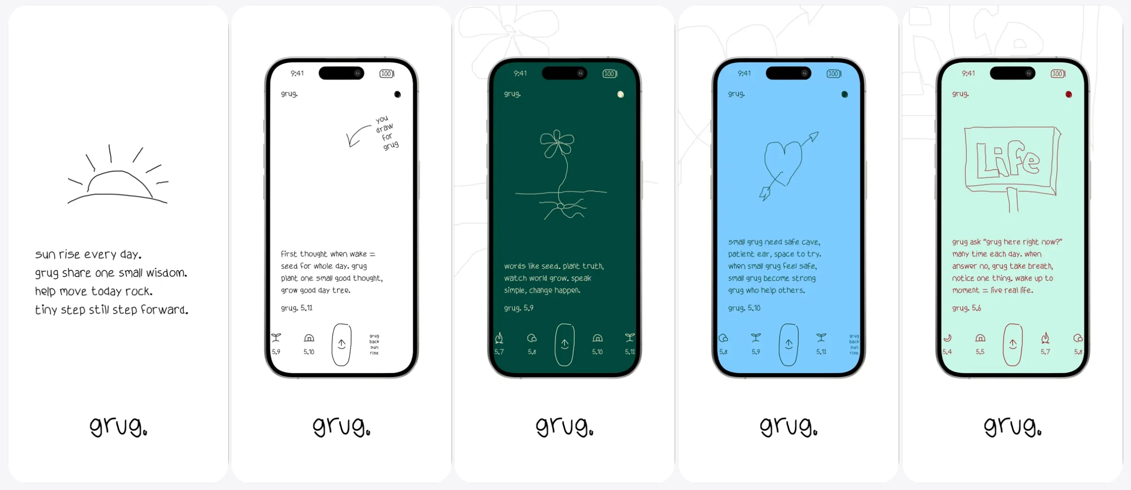 grug iOS app screenshots showing hand-drawn daily wisdom cards on white, dark green, blue, and mint backgrounds