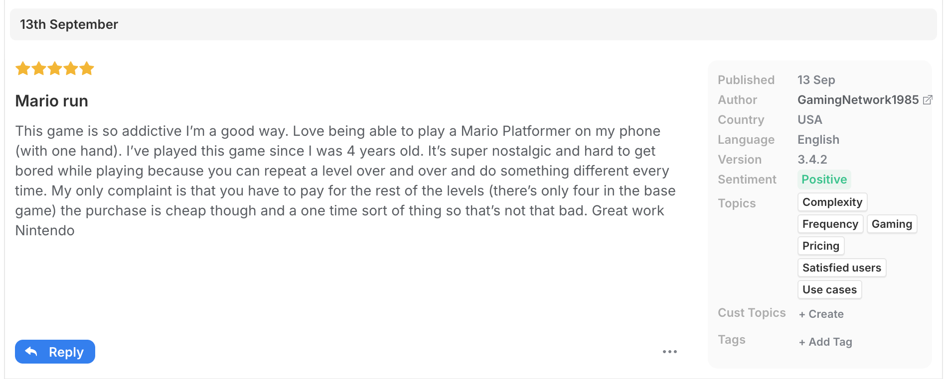 A five-star Super Mario Run review in Appbot praising one-handed play and replaying levels, with a note that the remaining levels cost money, tagged Positive with the topics Complexity, Frequency, Gaming, Pricing, Satisfied users and Use cases
