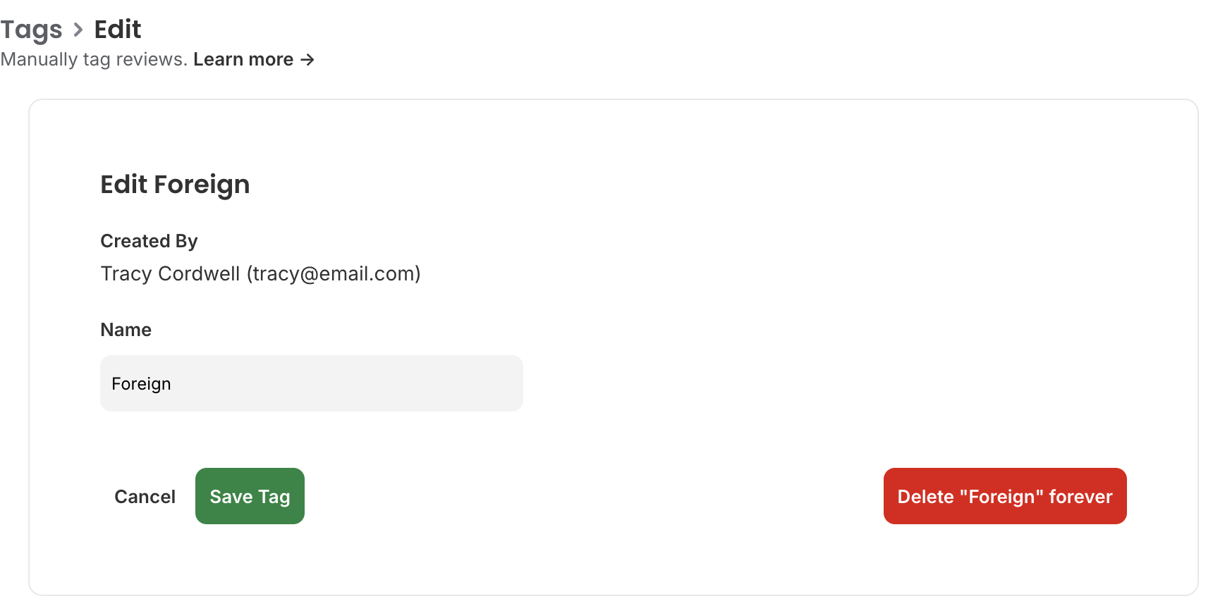 Edit tag page with the tag name field, Save Tag button and the red Delete button
