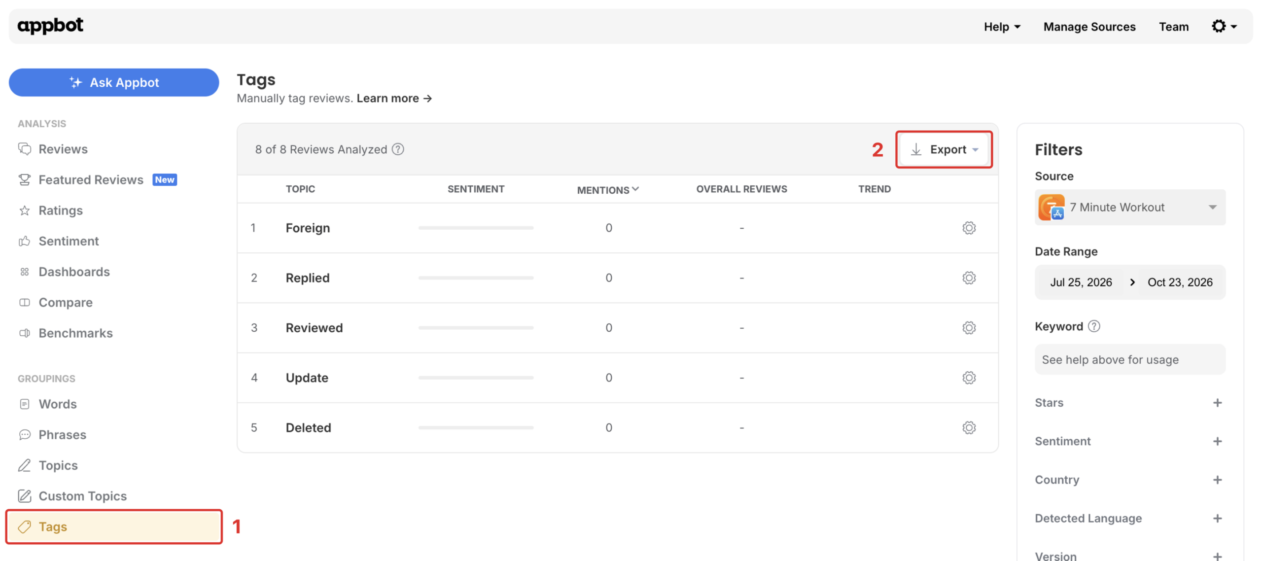 Tags page with the Tags menu item (1) and the Export button (2) highlighted