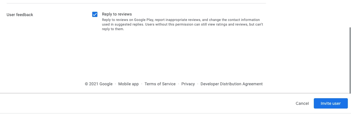 Google Play Console user feedback permissions